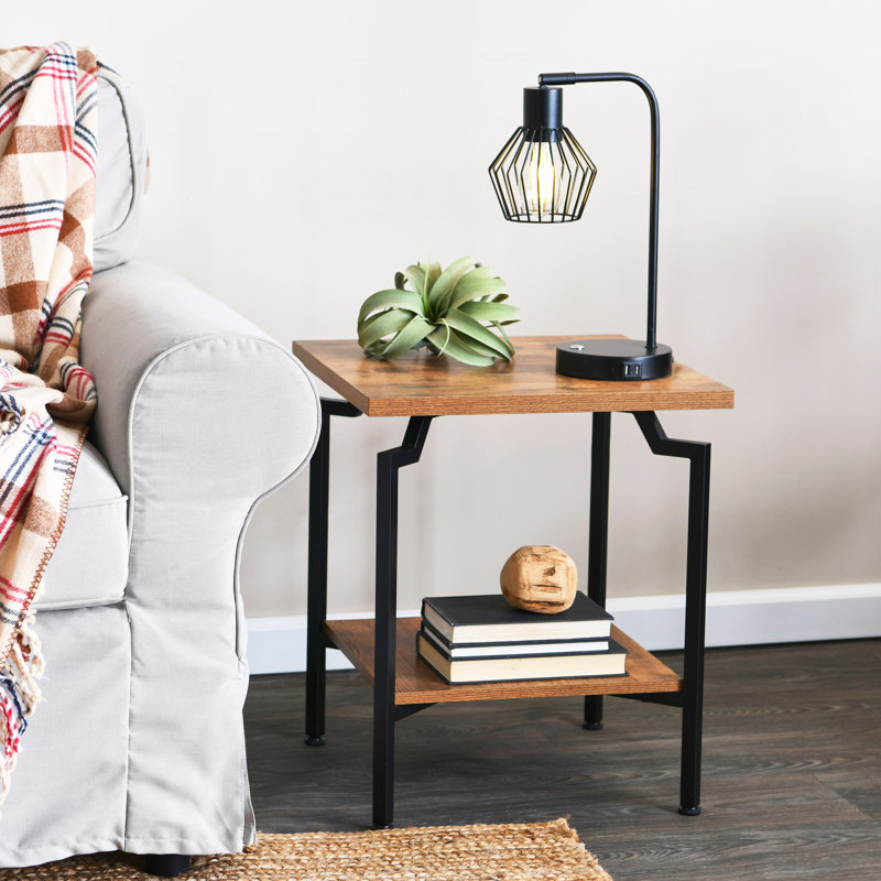 Rustic Hickory Grain Side Table with Black Iron Base, Brown Top/Black Base