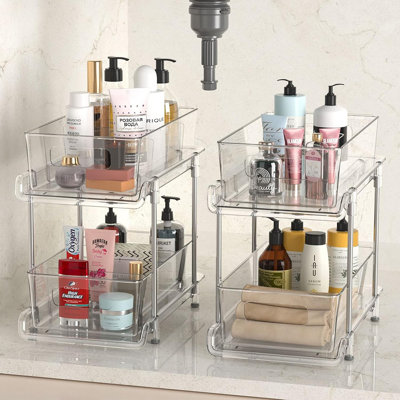 Organisateur de salle de bain à 2 niveaux avec séparateurs, rangement coulissant sous l'armoire pour cuisine et garde-manger