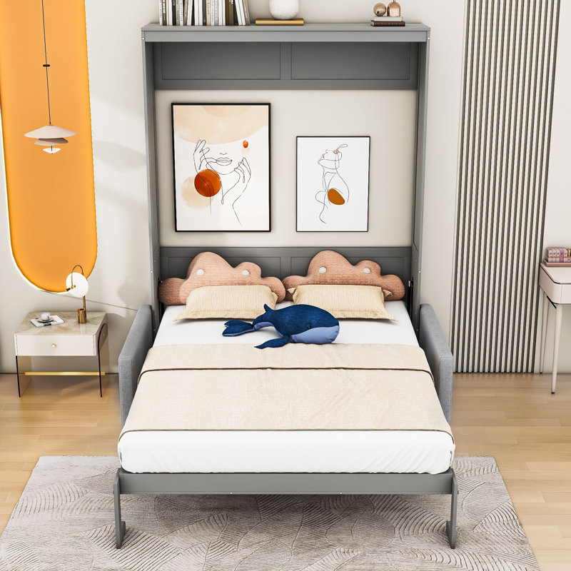 Wooden Murphy Wall Bed with Sofa, Queen, Gray