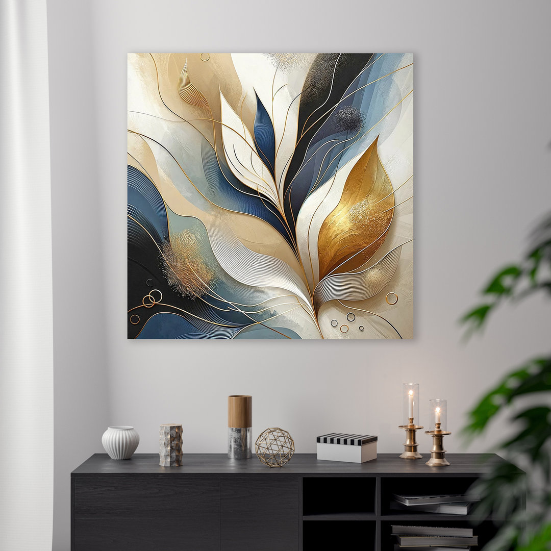 " Golden Navy Elegance Abstract Leaf " House of Hampton® 