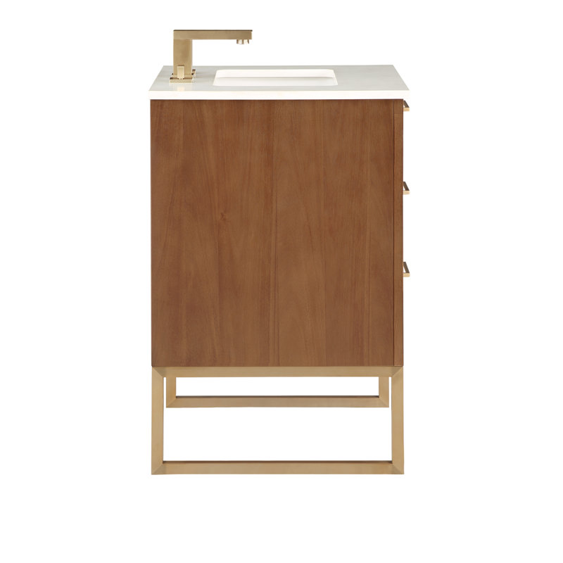 Markham 24'' W Single Vanity, White Quartz, Satin Brass, Walnut