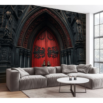 Wall Mural Peel and Stick Wallpaper Gothic Red Door Ornate Black Arch Intricate Detailing Self-Adhesive Removable Contact Paper Wall Decor for Living Room Bedroom 69"H x 96"W