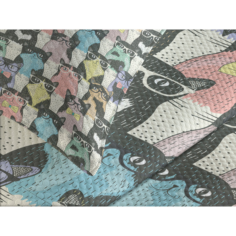 Hipster Cats Multicolor Quilted Queen Bedspread Set