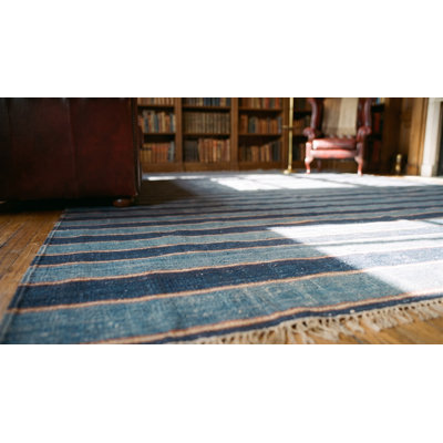 Large Square Flatwoven Blue Color Antique Striped Dhurrie Rug