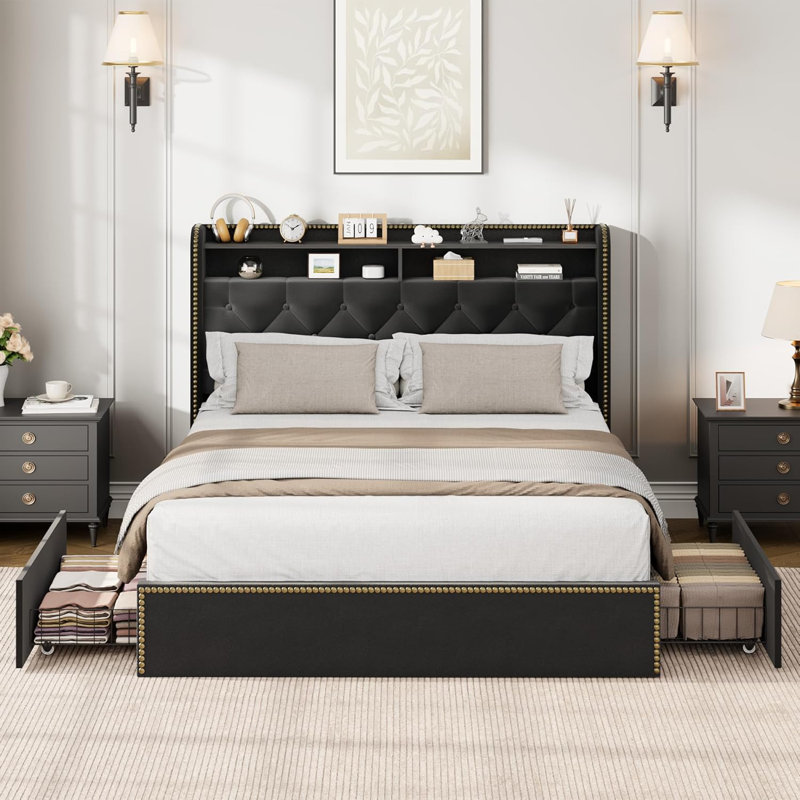 Structure de lit double en velours avec 4 tiroirs de rangement, plateforme complète rembourrée avec tête de lit capitonnée et garniture cloutée, cadre de lit à lattes en bois noir sans sommier