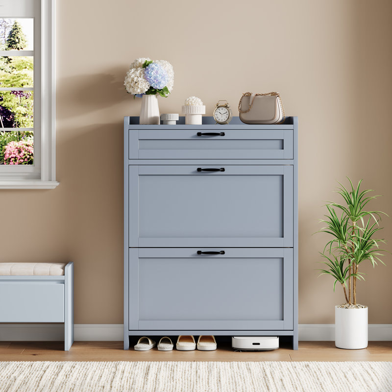 Range-chaussures avec 2 tiroirs rabattables, range-chaussures en bois peint ultrabrillant avec tablettes réglables, Bleu