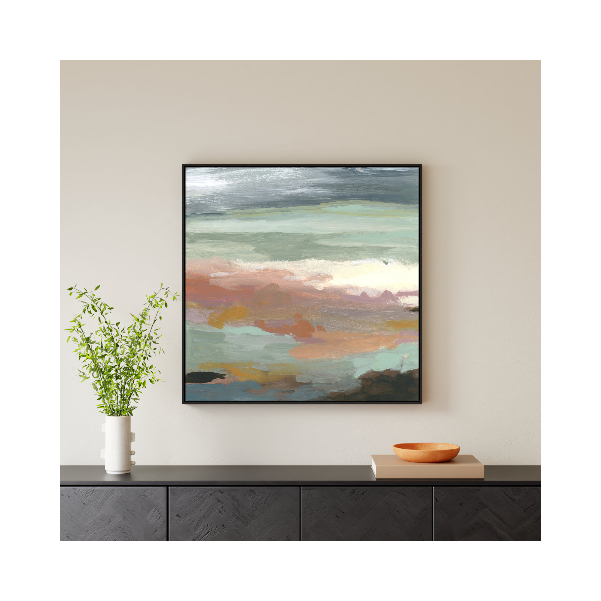 Ocean Bluffs by Carol Robinson - Painting Print on Paper, Black, 37.5" H x 37.5" W, Picture Framed Canvas