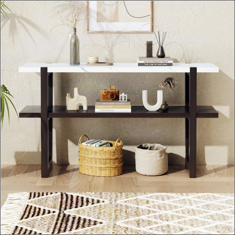 Espresso Wood Console Table with Marble-Effect Top and Storage Shelf