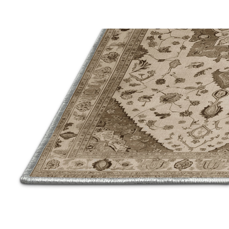 Tapis beige Tabriz lavable à la machine, Rond 3 pi