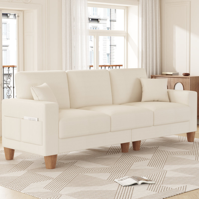 Oversize Sofa 256cm Corduroy Sofa with 3 Seats, No Tool Assembly,Solid Wood Frame and Solid Wood Legs, Beige