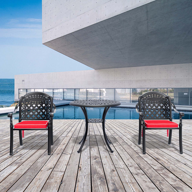 3-Piece Set Of Cast Aluminum Patio Furniture With Red Cushions, 2