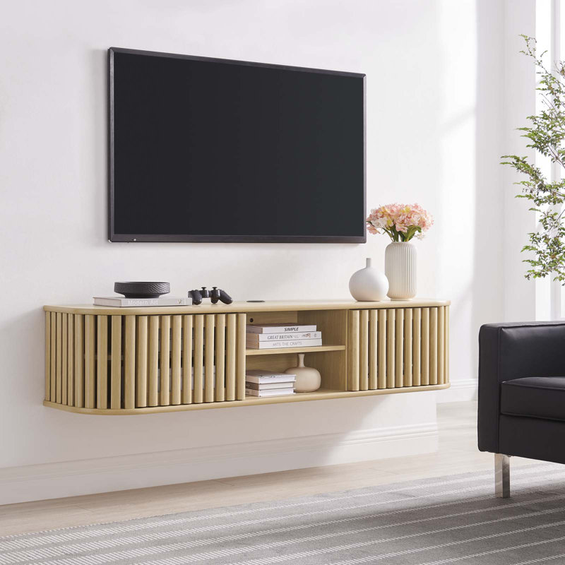 Oak 64" Wall-Mounted TV Stand with Sliding Doors