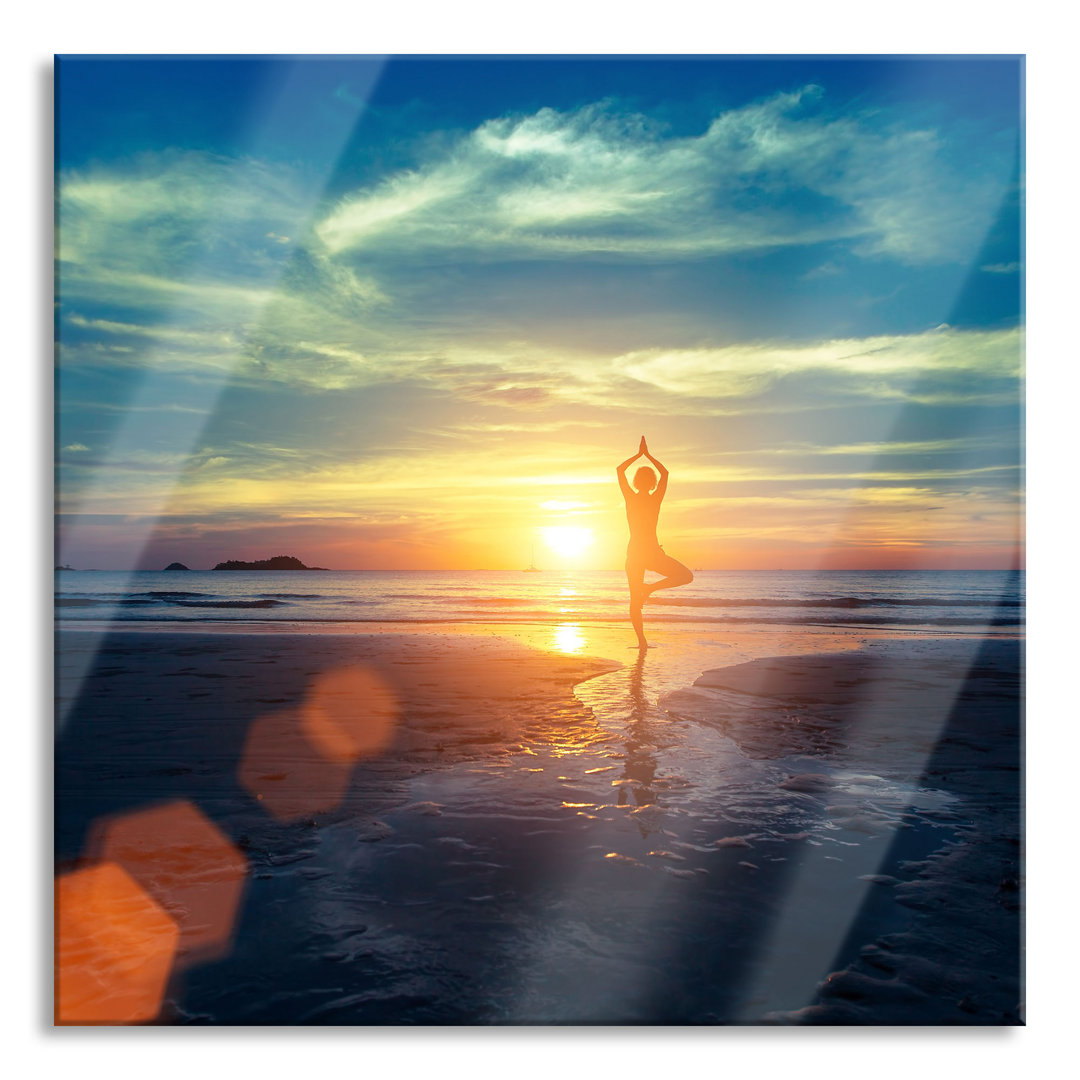 Glasbild Quadratisch  Wandbild Auf Echtglas  Yoga Silhouette Am Strand  Aufhängung Und Abstandshalter LQ9858