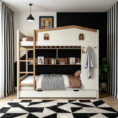 Lit superposé, lit superposé haut-bas avec lit gigogne et étagères ouvertes, lits superposés en bois massif avec crochets, sommier non nécessaire, lit superposé en bois pour chambre et salle de jeux pour enfants, blanc