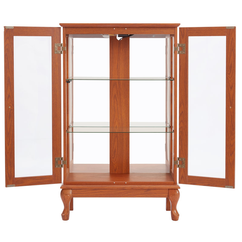 2 Doors Curio Cabinet With Tempered Glass Doors, Curio Cabinets With Mirrored Back Panel And Adjustable Shelves, Lighted Display Cabinet For Home, Office Light Bulb Included