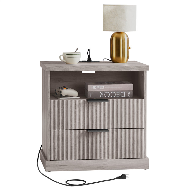 Maxe 23.6" Nightstand With Charging Station, Bedside Table With 2 Drawers, Open Shelf, Transitional, Gray