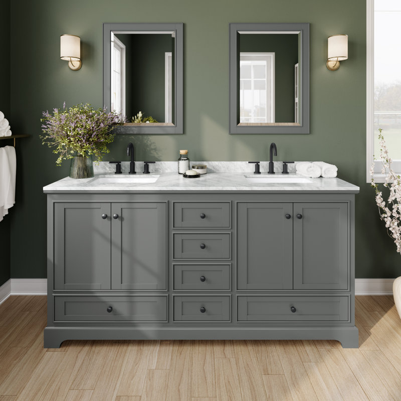 Deborah 72'' Double Bathroom Vanity with Marble Top with Mirror, Dark Gray, Matte Black