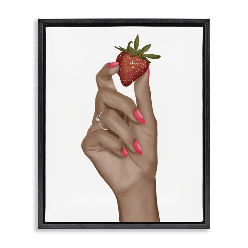 «Tenant la juteuse fraise» par Saba Rauf, Cadre flottant noir de jais, H 21 po x l 17 po