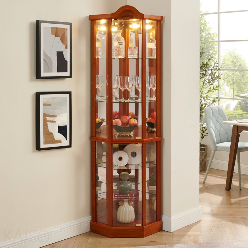 Vitrine d'angle vitrée avec vitrine d'angle lumineuse, vitrine avec éclairage (incluse), armoire à vin, étagère à vin avec tablettes en verre réglables et décoration en chêne sculpté (inclus)