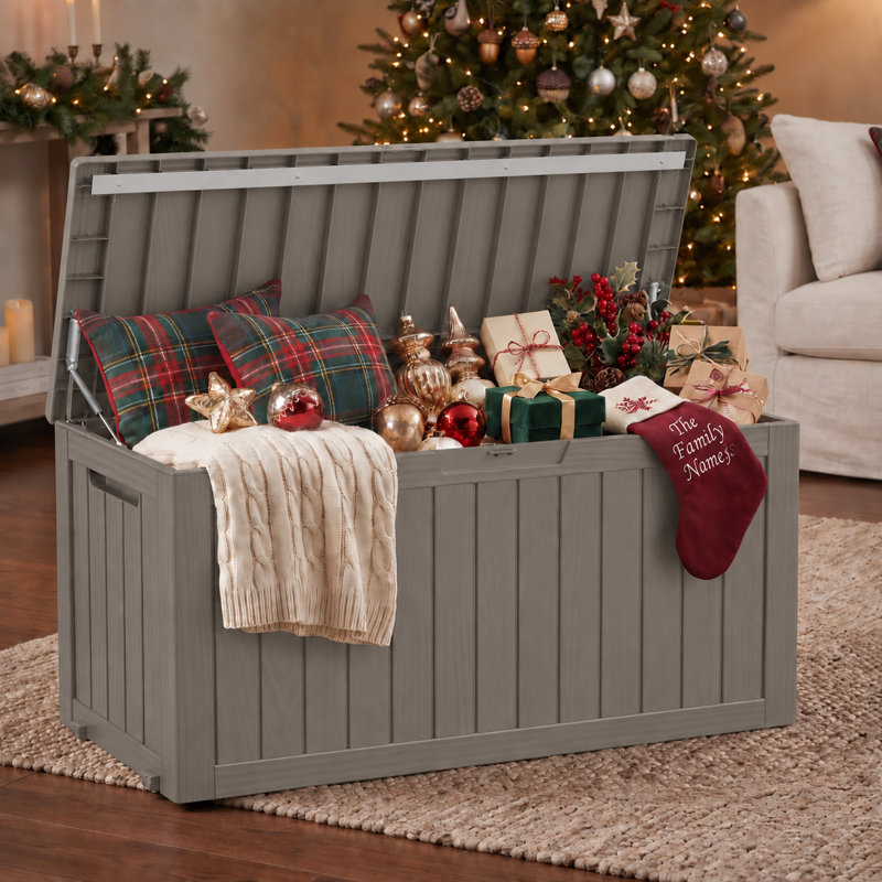Coffre de rangement extérieur de 340 litres (90 gallons), coffre de terrasse en résine résistant aux intempéries avec couvercle verrouillable, capacité de charge maximale de 204 kg (450 lb) pour coussins de patio, jouets de piscine, outils de jardin et accessoires de plein air