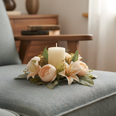 4Pcs Artificial Rose And Faux Lily Pillar Candle Wreath, For Wedding Table Centerpieces And Home Décor, Faux Flower Ring For Reception Decorations