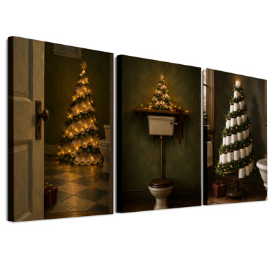 " Toilet Paper Tree in Green Bathroom Christmas " 3 Piece Art
