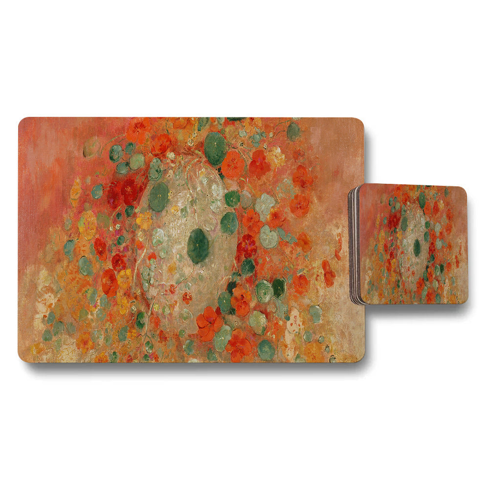 Abstract Floral Placemats And Coaster Set Orange Green Design