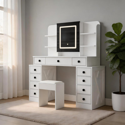 Vanity Desk With Sliding Mirror, Lights And Charging Station