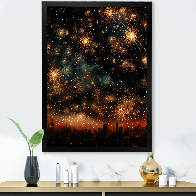 Feux d'artifice dorés, ciel magique, Cadre simple noir, H 20 po x l 12 po x P 1 po