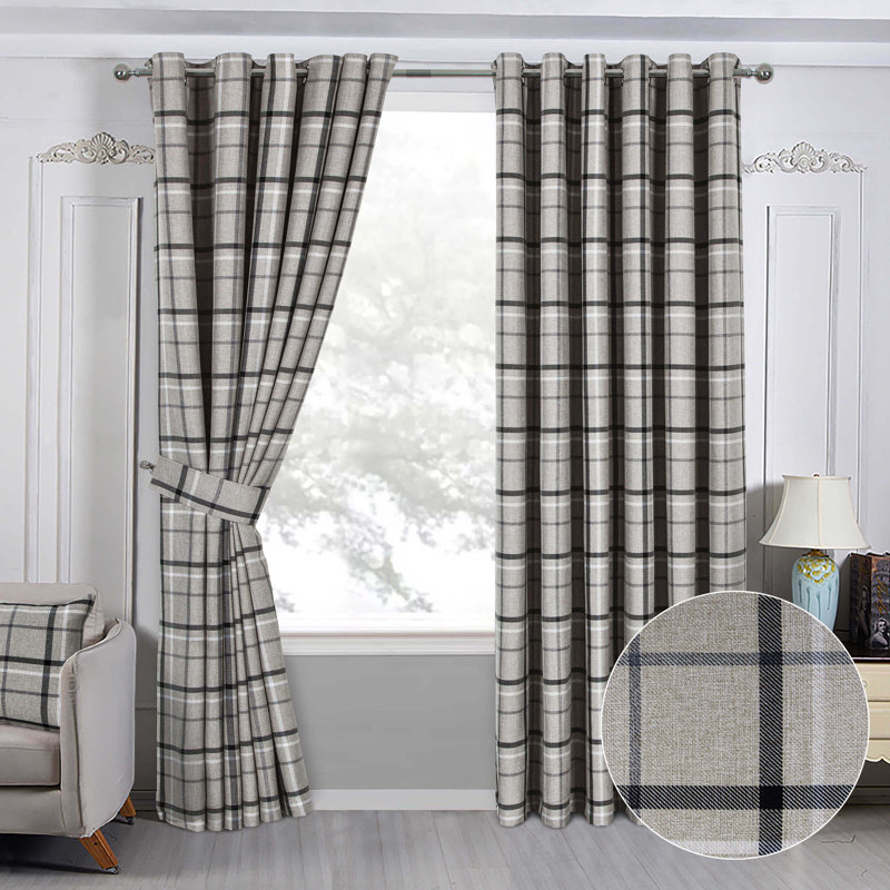 Groover Check Eyelet Room Darkening Curtains, 114cm Width x 137cm Drop , Grey