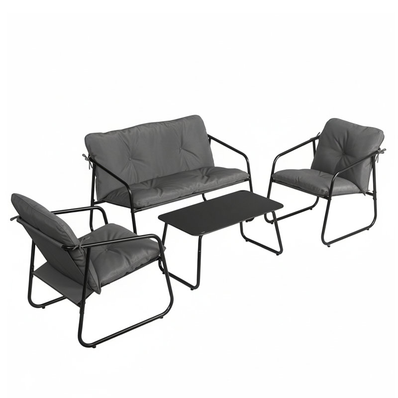 Patio 4-Piece Metal Sling Conversation Set With Grey Cushions, Gray