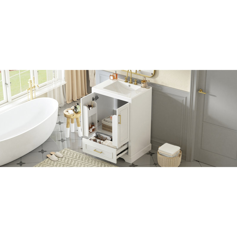 Meuble-lavabo de 24 pouces avec lavabo en céramique facile, pied en bois massif et tiroir à fermeture en douceur pour une structure confortable, hygiénique et silencieuse.