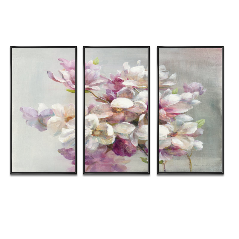 Fleurs de magnolia roses - ensemble d'art mural encadré sur toile Shabby Elegance, ensemble de 3, H 28 po x l 36 po x P 1 po