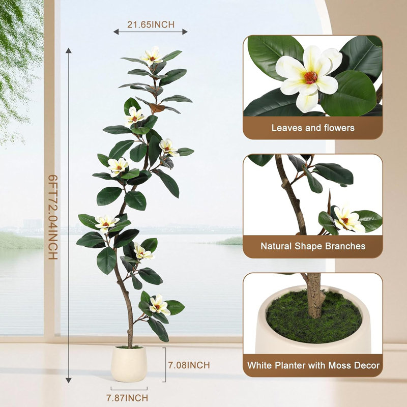 Hévéa artificiel avec fleurs de magnolia, H 72 po x l 7,87 po x P 7,87 po