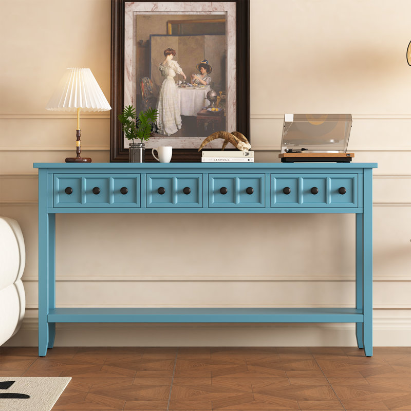  60" Rustic Entryway Console Table, Long Sofa Table with Bottom Shelf for Versatile Storage, Turquoise Green