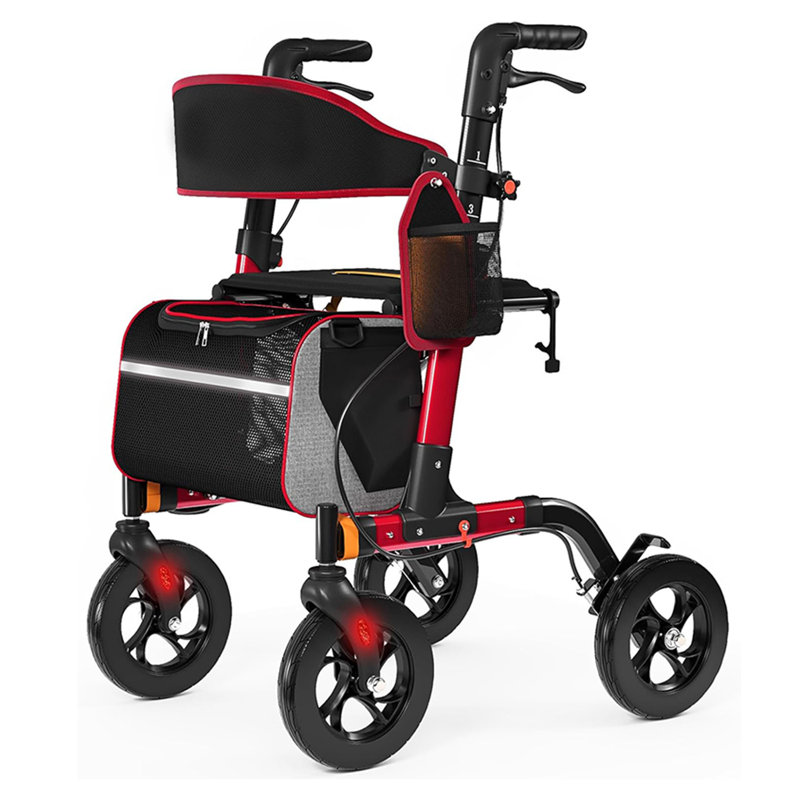 Rollator Walker with Seat for Seniors, 350 lbs Heavy-Duty Aluminum Frame, 18" Padded Seat, 8" All-Terrain Wheels, 1-Second Folding Mobility Aid with Storage Bag (Red)