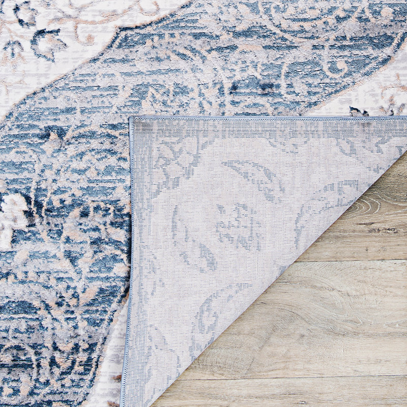 Tapis blanc/bleu zone oriental Karmane, Rectangle 9 pi 10 po x 13 pi 2 po
