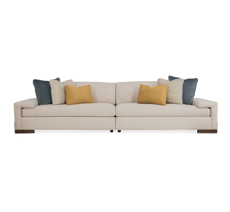 Beige Linen Two-Piece Sectional Sofa with Slate and Goldenrod Pillows