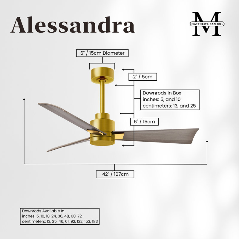 Alessandra Outdoor Downrod Ceiling Fan, Brushed Brass, Gray Ash Tone