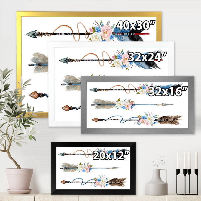 Plumes et fleurs sur des flèches indigènes - Peinture sur toile, H 24 po x l 32 po x P 1 po, Cadre photo argenté