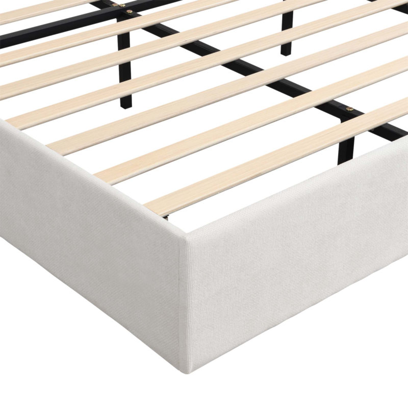 Lit tapissier à tête de lit haute, structure de lit très grand moderne, support à 12 lattes, beige, toile de chenille, aucun sommier requis
