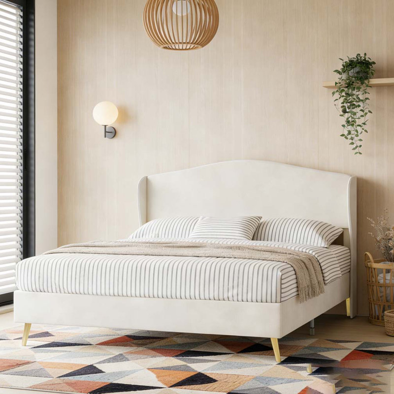 Lit tapissier en velours, Beige, Grand lit
