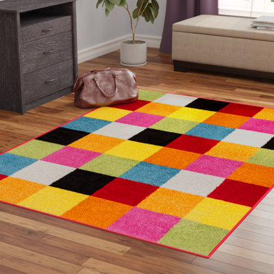 Bright Squared Geometric Red/Blue/Yellow Kids Area Rug