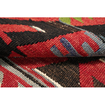 Vibrant Geometric Wool Kilim Area Rug 5x10 with Bold Accents