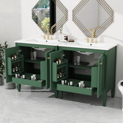 Ensemble de meuble-lavabo 60 po avec lavabo double 60 po, lavabo en céramique, portes à fermeture en douceur avec tablette