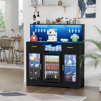 Home Bar Cabinet with Mini Fridge Storage, Built-in Charging Station and 9-Grid Wine Rack, Adjustable RGB Light Strip, Acrylic Transparent Design for Kitchen, Living Room, and Entertainment Area