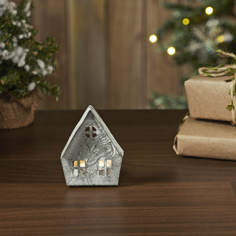 Festive Finds Tealight Holder Metal Village House F Antique Grey 3x2.75x2