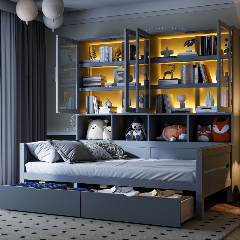  Lit de jour avec rangement pratique et éclairage esthétique à DEL, Lit simple, Gris