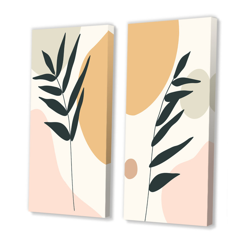 «Botanical Leaf with Pastel Abstract Clouds I», ensemble de 2 peintures, Toile tendue, H 32 po x l 32 po x P 1 po