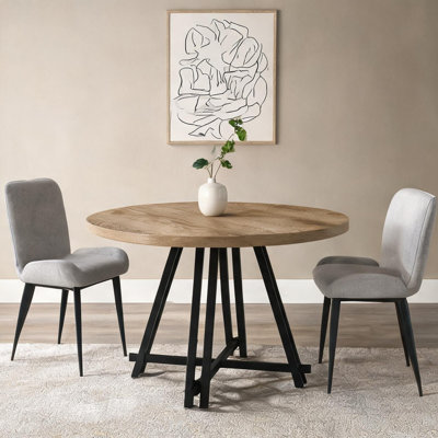 Table de salle à manger ronde avec plateau d'aspect chêne et pieds croisés en métal noir de 4 po de 47 po de largeur pour la cuisine ou la salle à manger